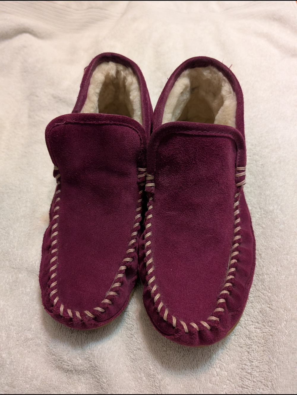 L.L. Bean Burgundy Suede Moccasin Slippers with Shearling Lining